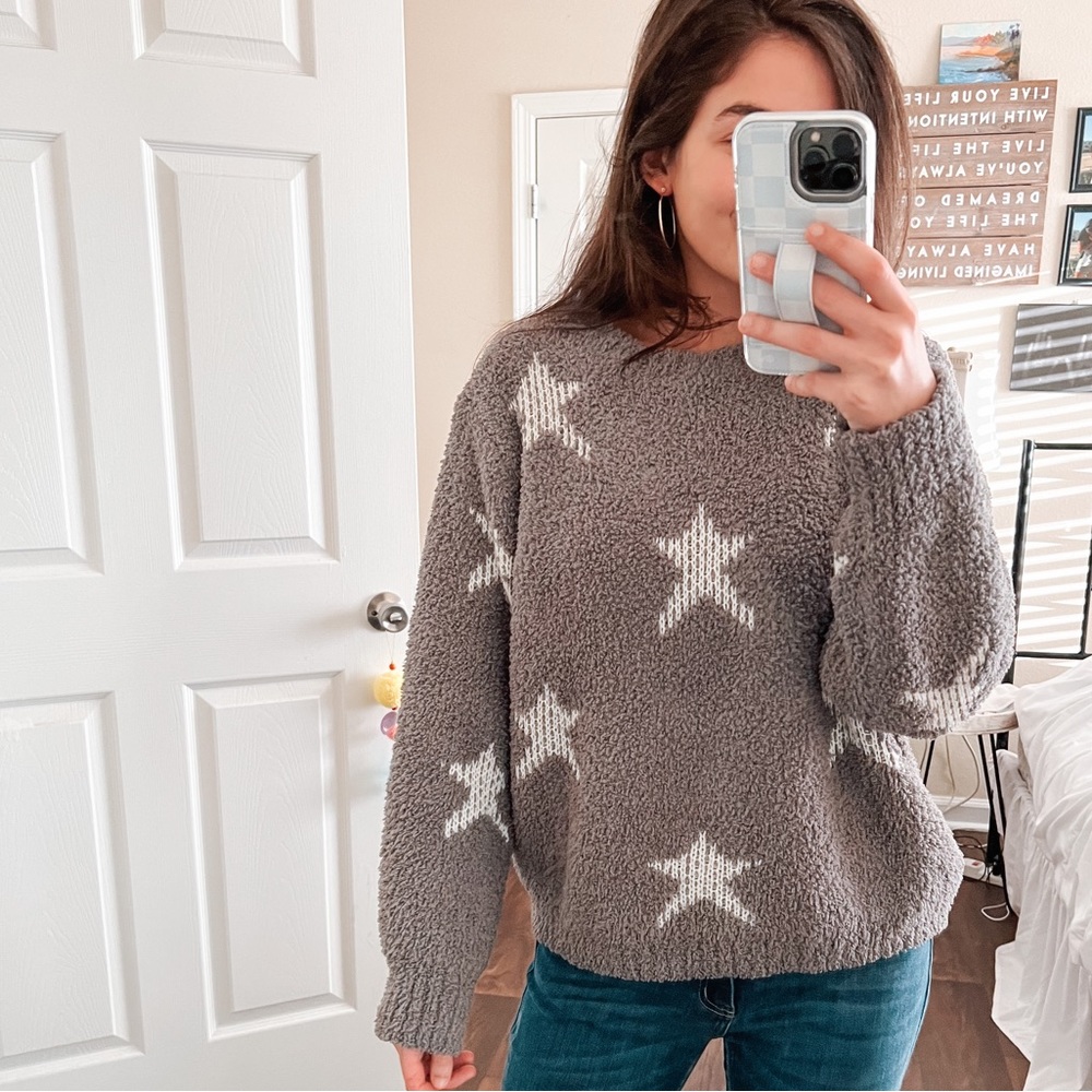 (POL) blanket soft gray & white star long sleeve cozy thick knit sweater